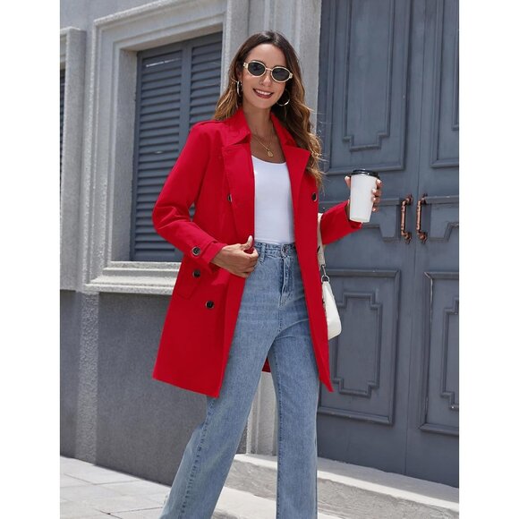 💫 Women Red Trench Coat Waterproof Classic Lapel Outerwear Belt Warm Jackets - Picture 4 of 6